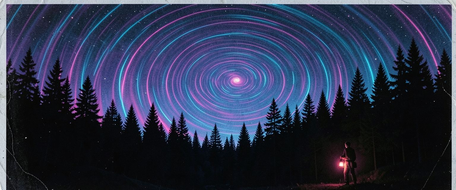 A painting by Galette: a lantern bearer in black pines under a rippling radio pulse