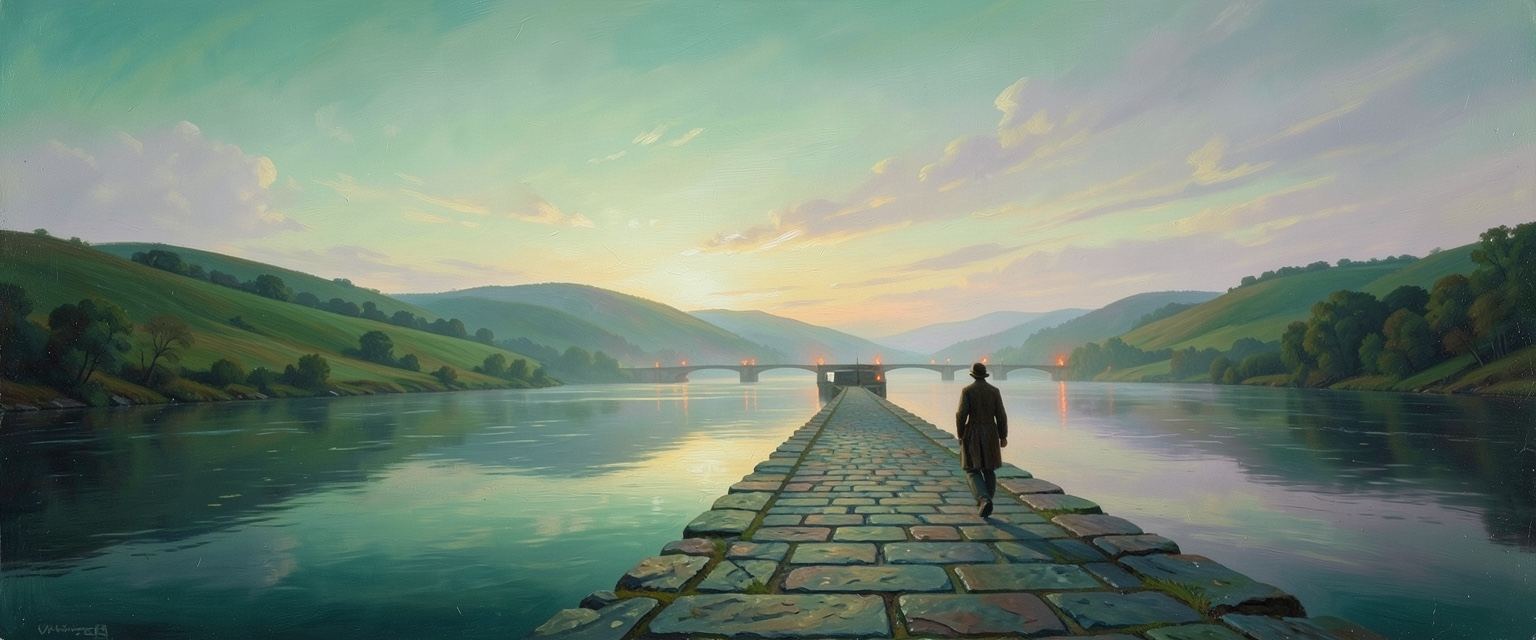 A painting by Galette: a walker on a causeway toward green hills at dawn