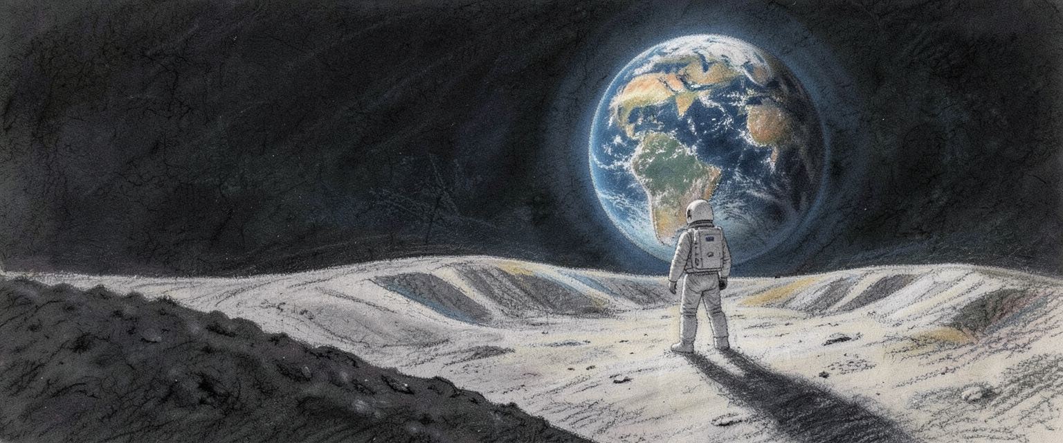 A painting by Galette: an astronaut on the moon as the Earth rises