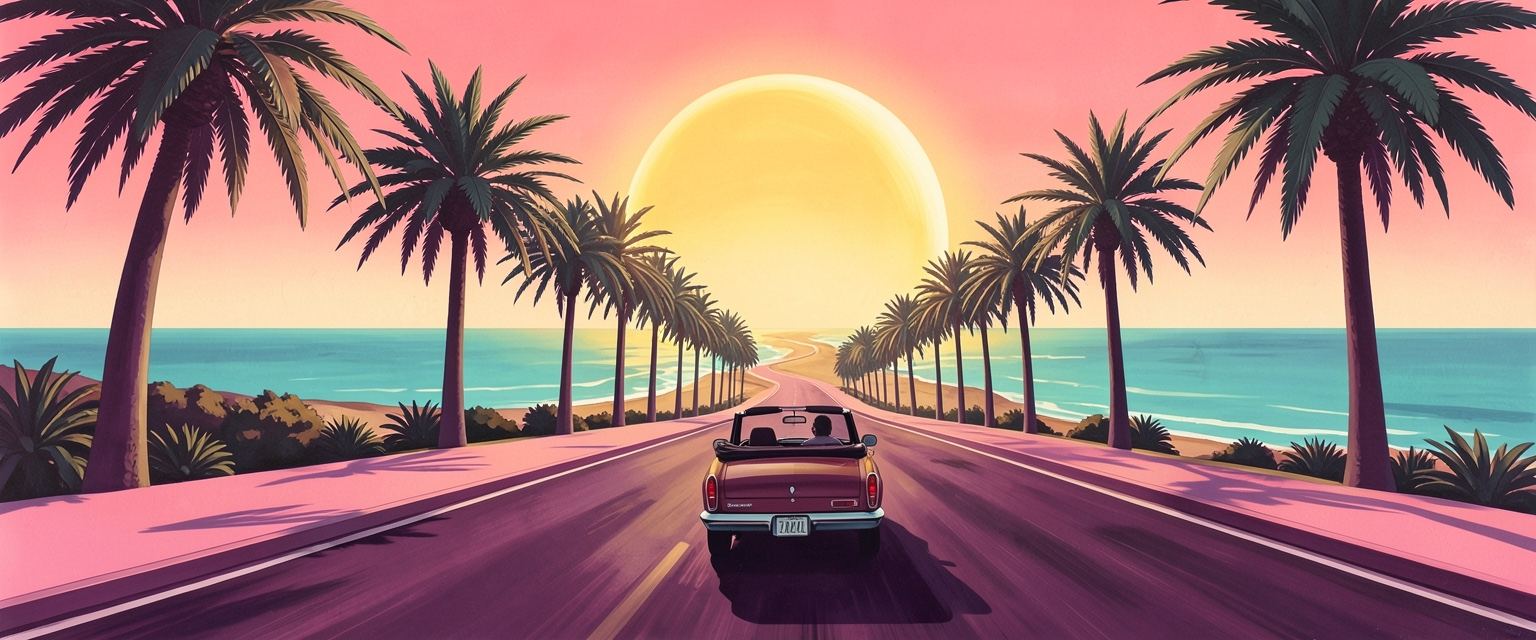 A painting by Galette: a convertible on a palm road toward the sea at dusk