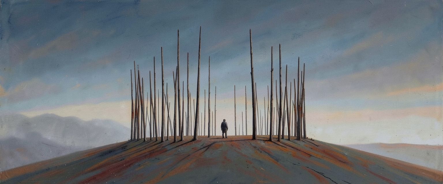 A painting by Galette: a figure inside a ring of tall stakes on a hill