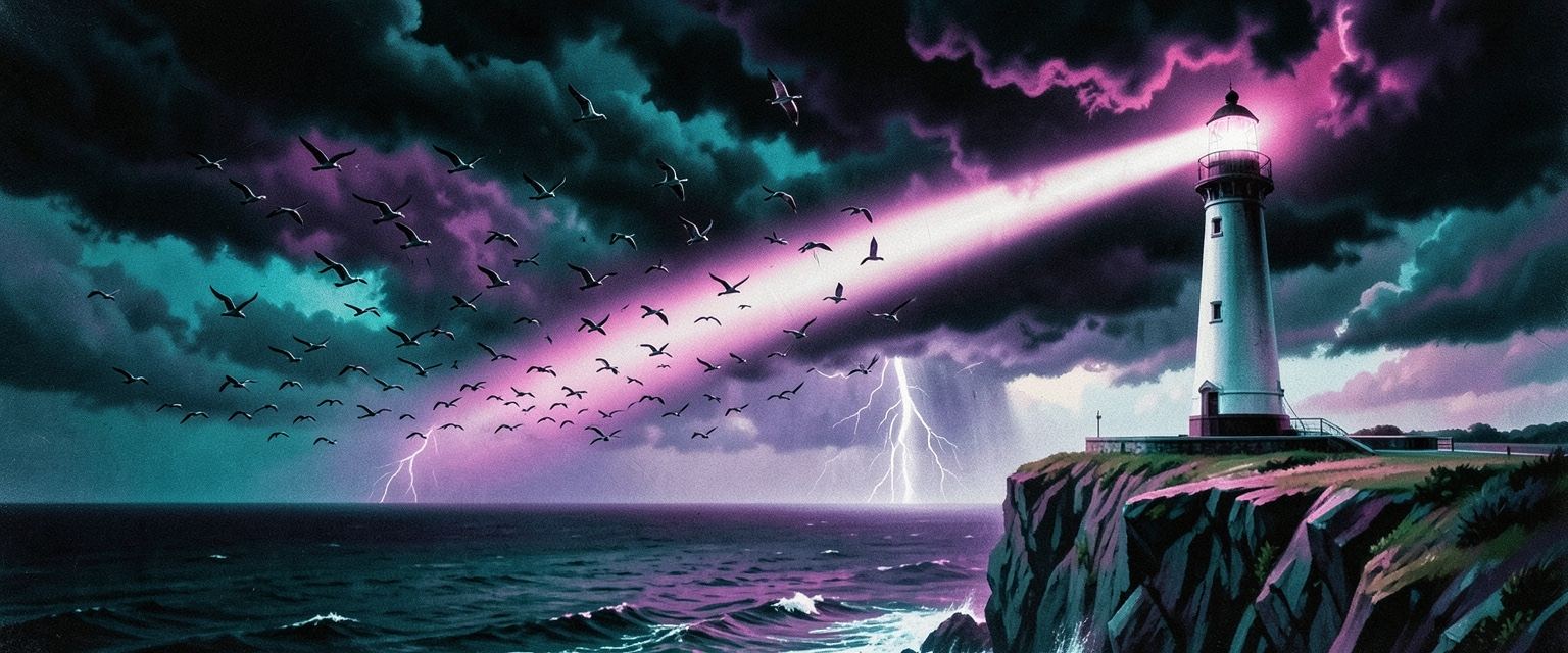 A painting by Galette: a lighthouse on a cliff under a stormy sky of birds