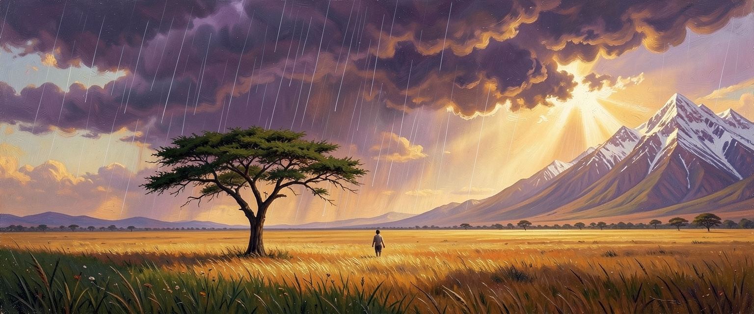 A painting by Galette: an acacia tree on a savanna under a golden storm