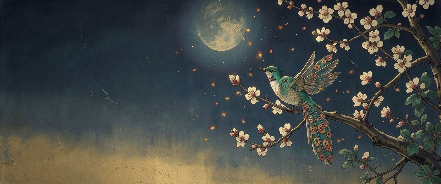 A painting by Galette: a clockwork bird on a branch in a moonlit garden